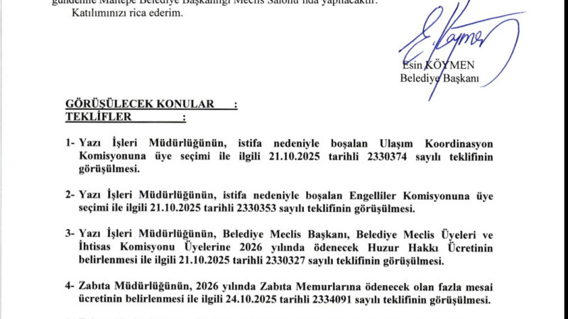 MALTEPE BELEDİYE MECLISI 4 KASIM DA TOPLANIYOR